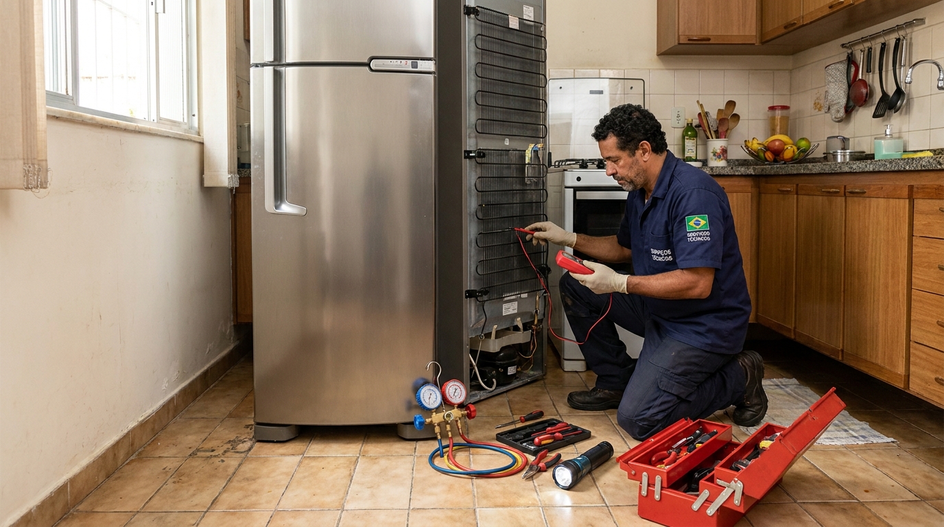 Técnico realizando manutenção de motor de geladeira nos Espinheiros, Itajaí‑SC
