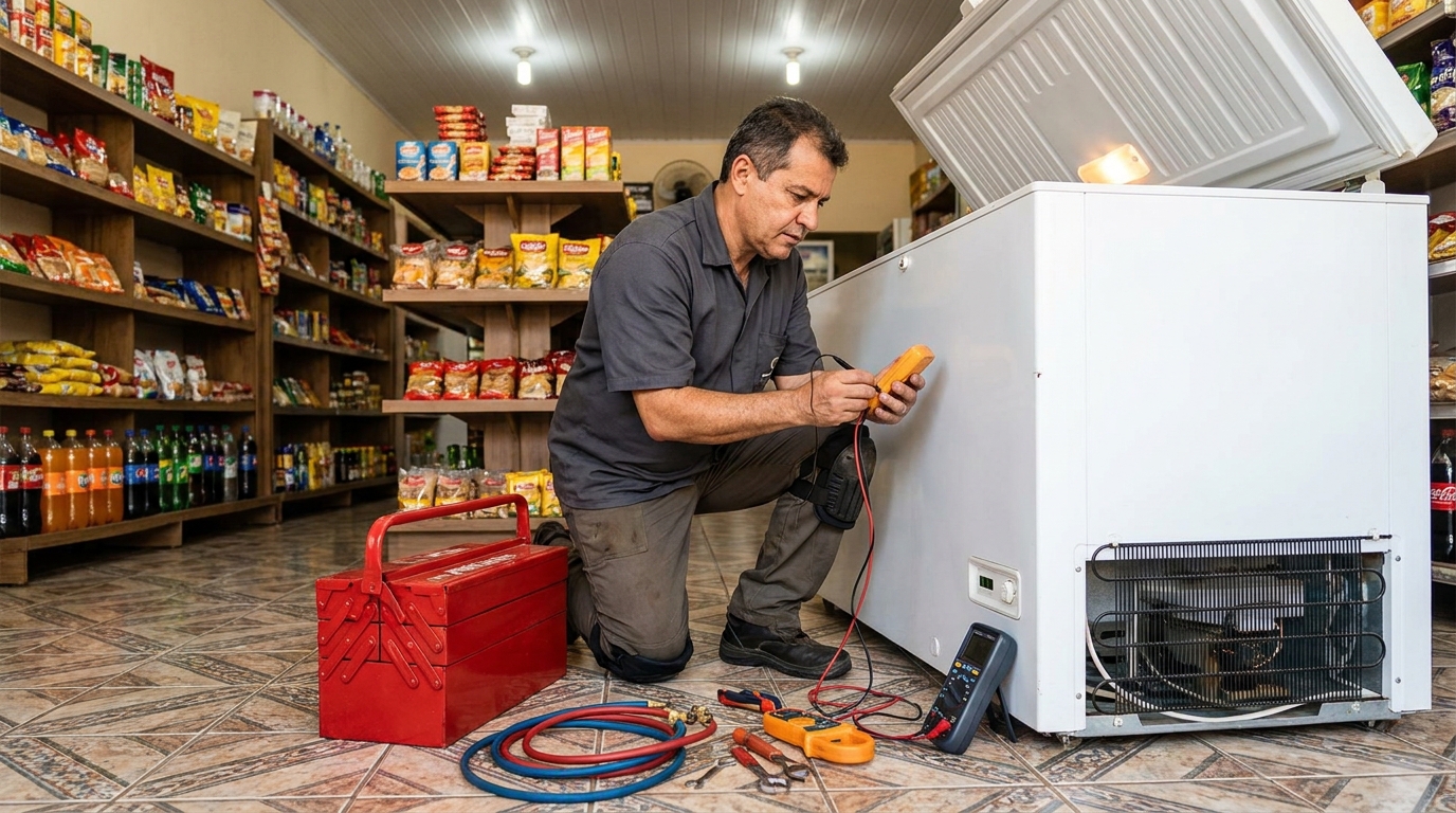 Recarga de gás refrigerante em freezer em atendimento no Centro, Itajaí‑SC