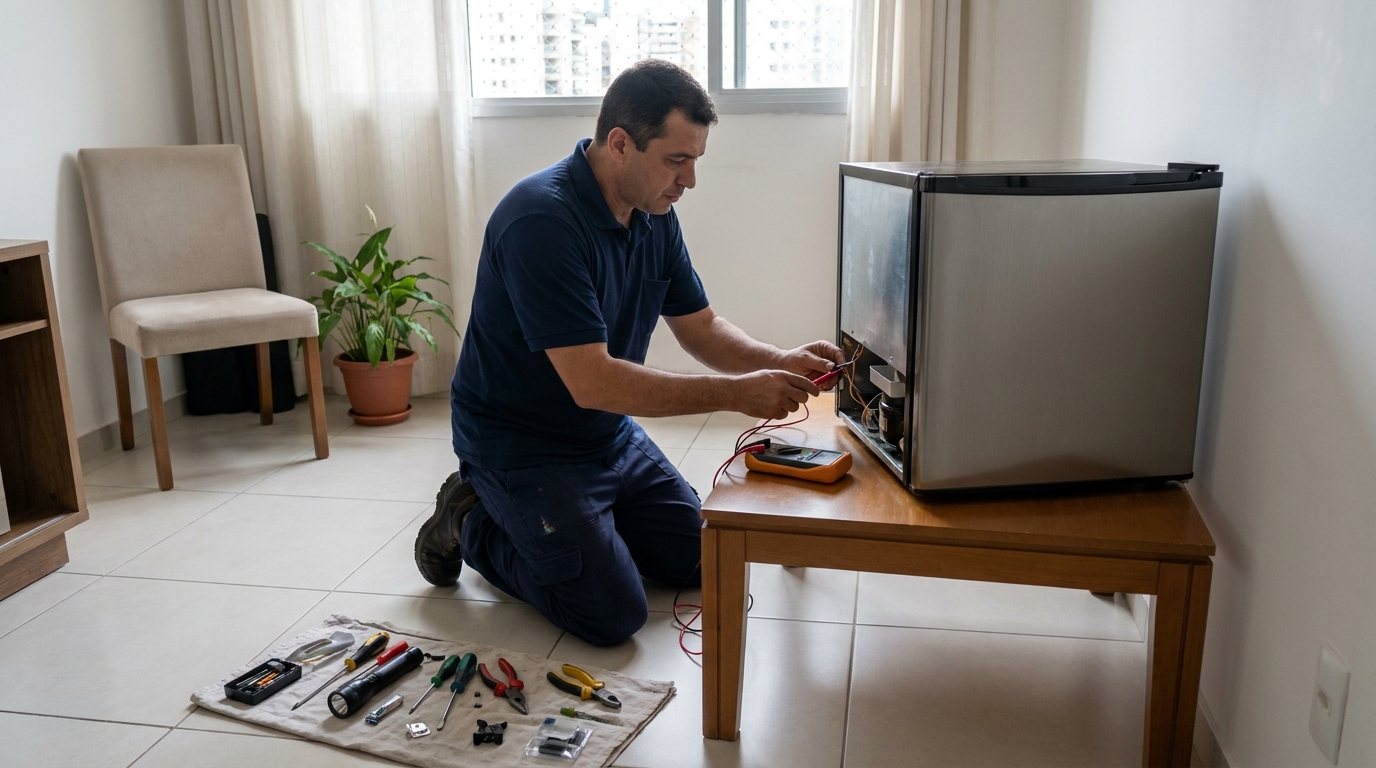 Técnico de conserto de frigobar em residência em Cabeçudas, Itajaí‑SC