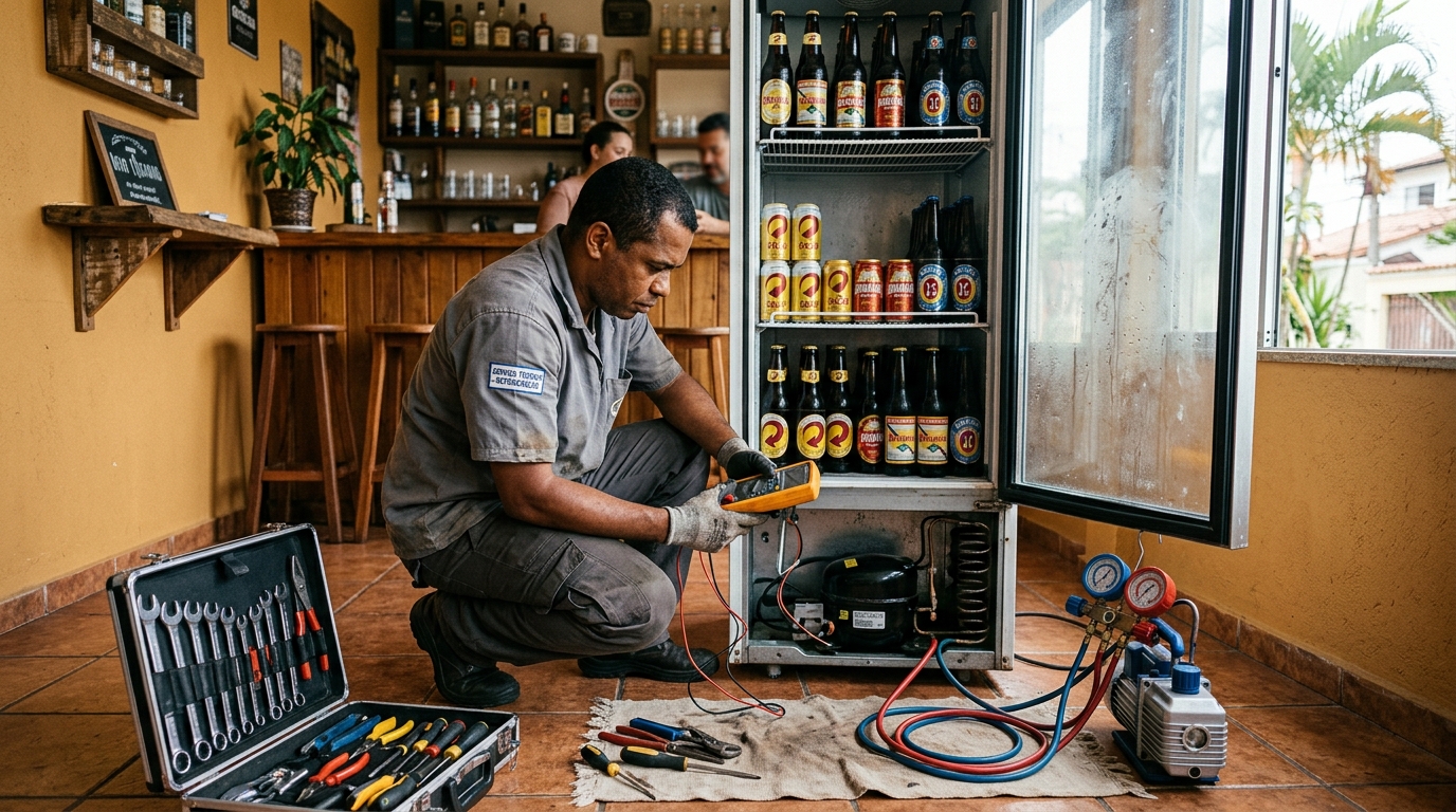 Troca de termostato de cervejeira em atendimento técnico em Itajaí‑SC