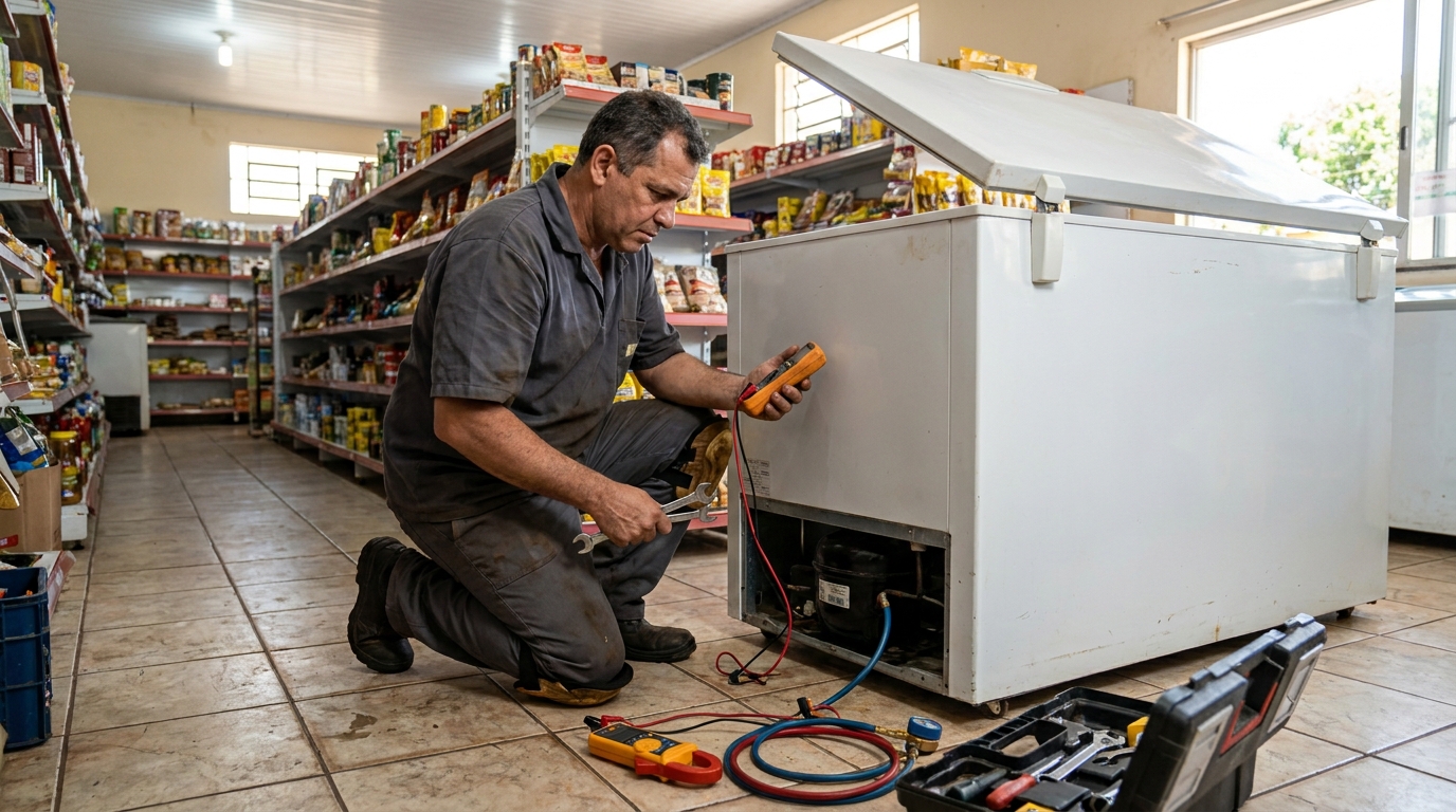 Troca de termostato de freezer em atendimento técnico no Centro, Itajaí‑SC